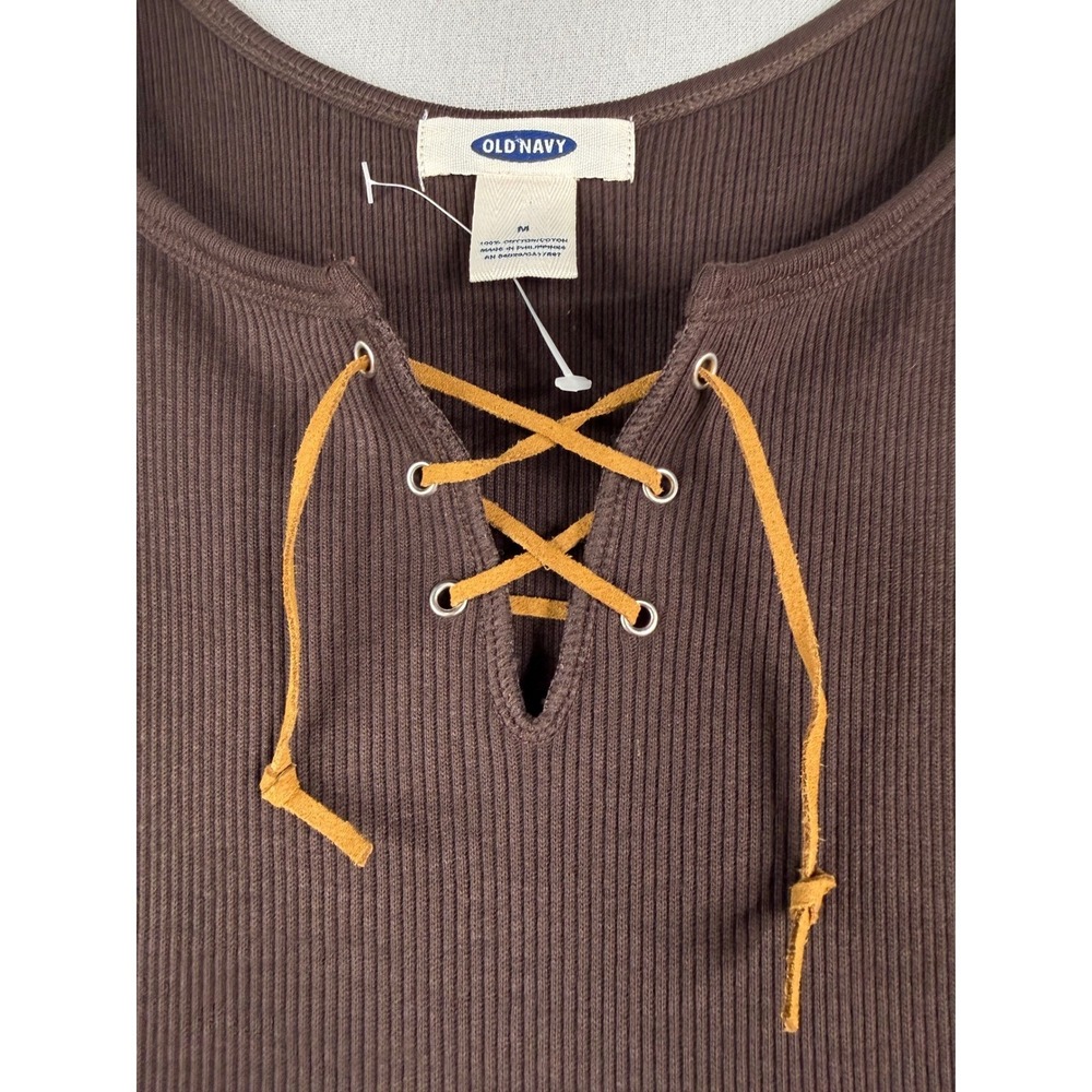 Y2K Old Navy Dress Womens M Brown Ribbed Leather Lace Up Tank 90s Western - Picture 2 of 8